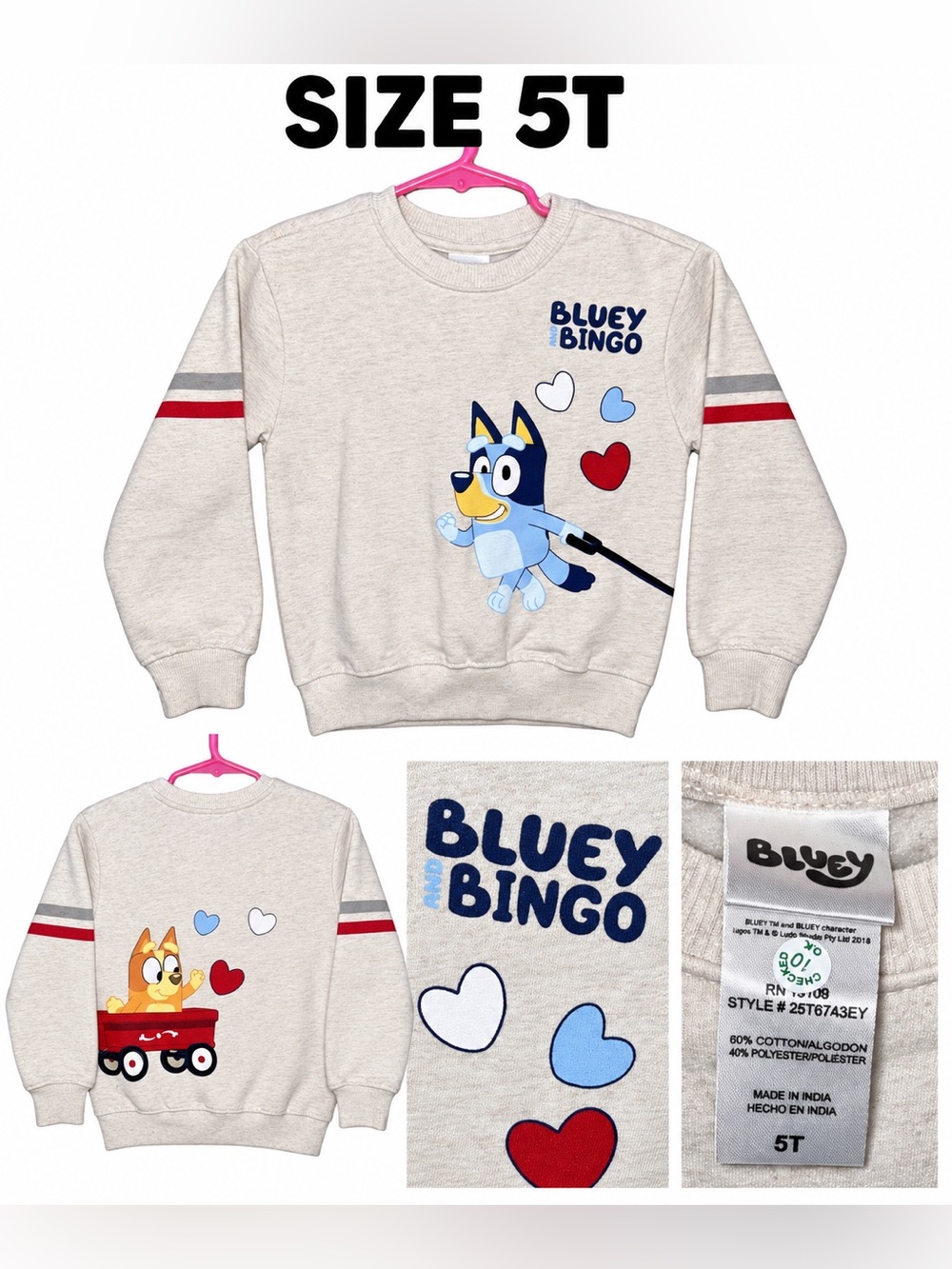 Bluey & Bingo Kids Crewneck Sweatshirt - Cream with Blue & Red Hearts - Size 5T